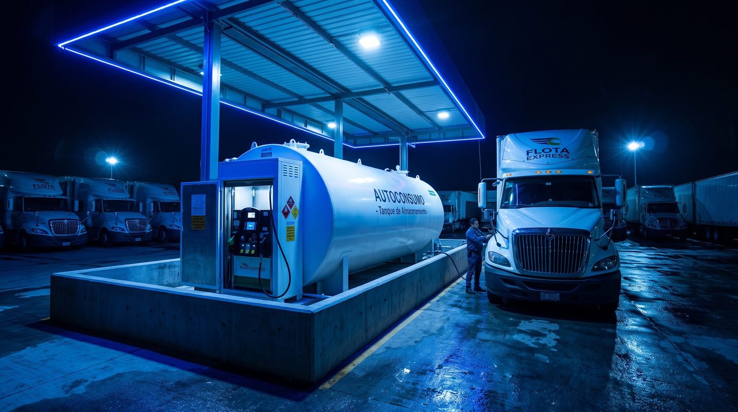 Instalación de autoconsumo: tanque de almacenamiento y dispensario interno abasteciendo una unidad de flota propia
