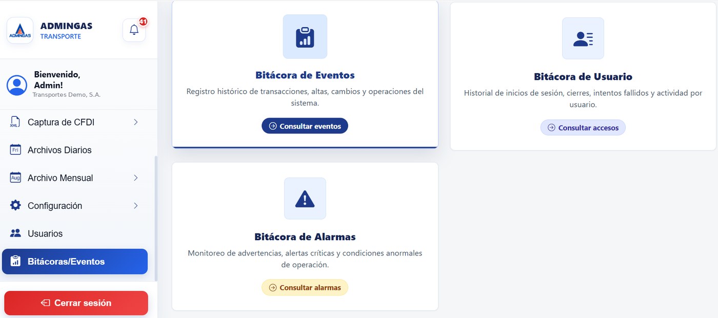 Bitácoras de eventos, de usuario y de alarmas en AdminGas